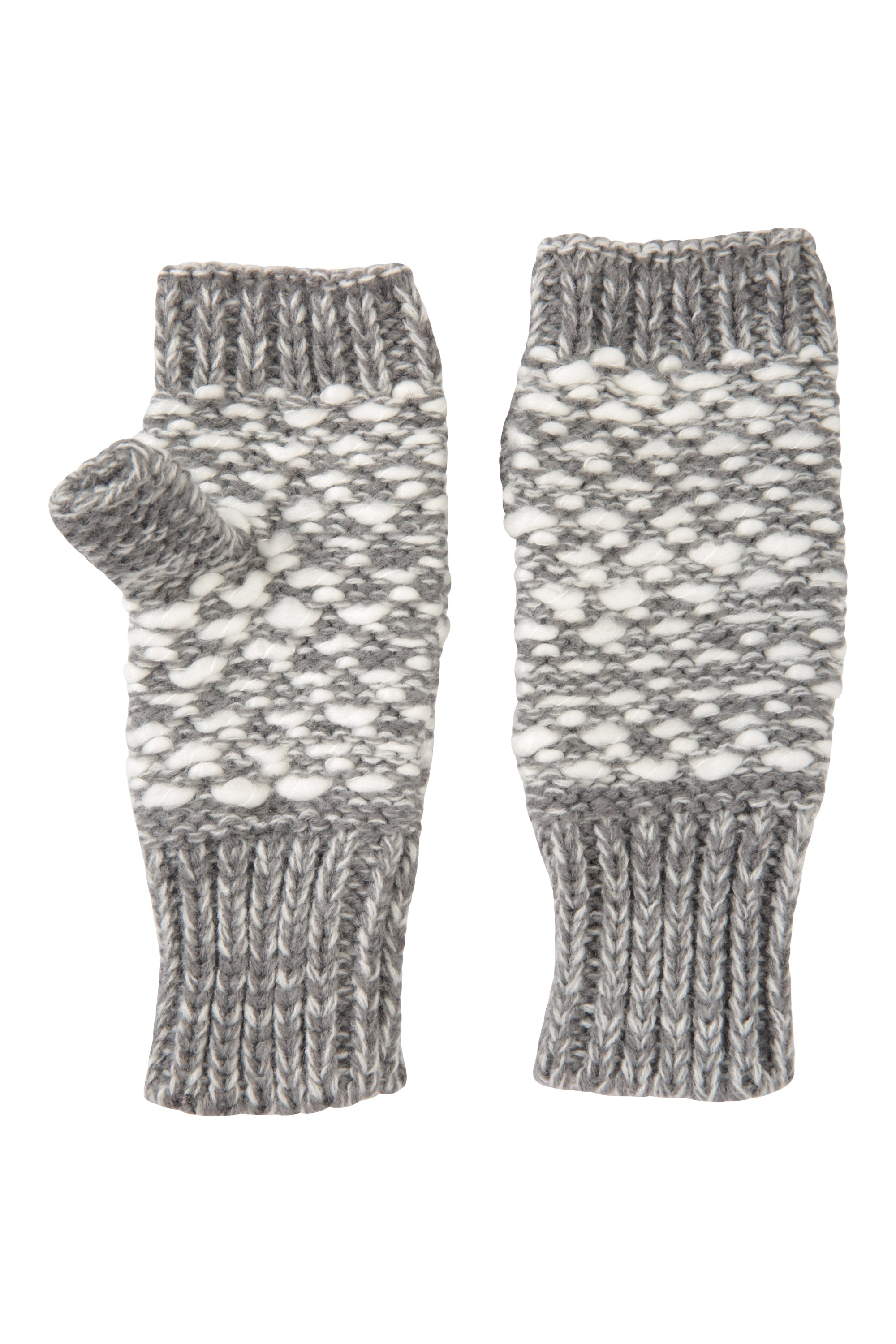 Patterned Fingerless Knitted Womens Mittens - Grey