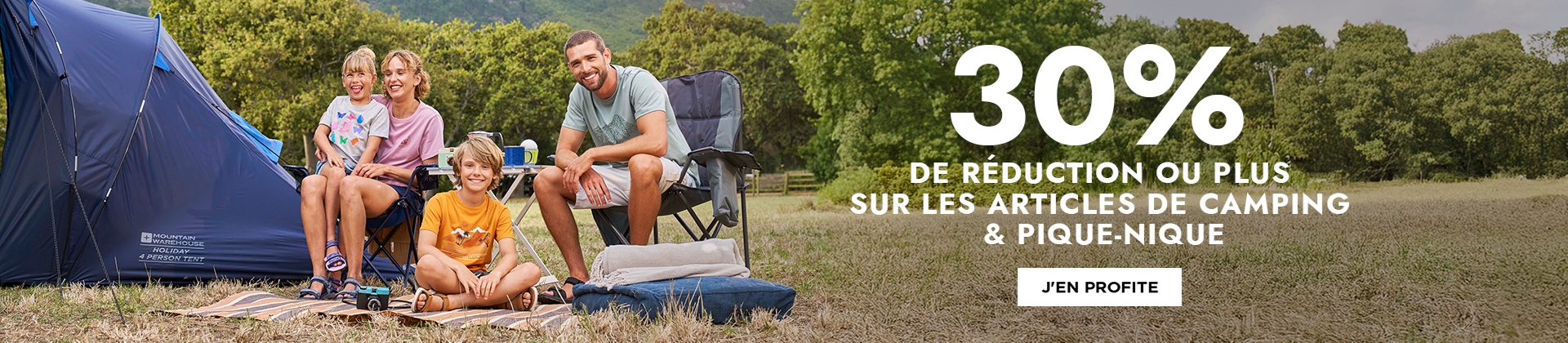 H1: 30% DE RÉDUCTION OU PLUS Sur les articles de Camping & Pique-Nique