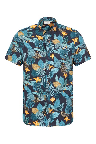Tropical Printed Mens Short Sleeved Shirt - Blue