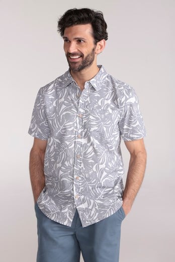 Tropical Printed Mens Short Sleeved Shirt Grey