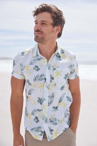 Tropical Printed Mens Short Sleeved Shirt - Green