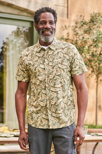 Tropical Printed Mens Short Sleeved Shirt Khaki