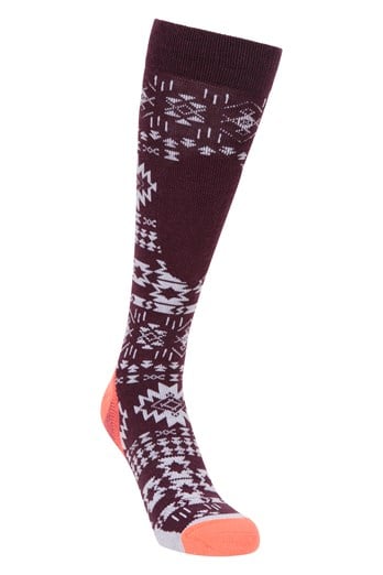 Polar Womens Patterned Merino Technical Knee Length Ski Socks Burgundy