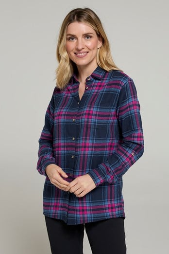 Balsam Womens Brushed Long Line Flannel Shirt  Dark Blue