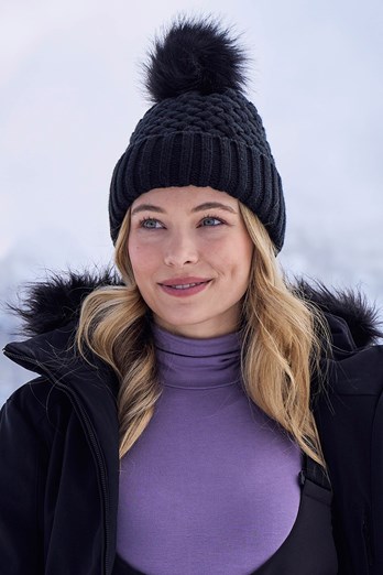 Lisbon Borg Lined Womens Thermal Pom-Pom Beanie Black