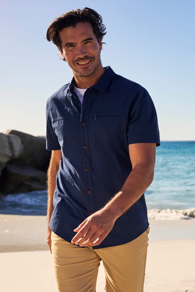 Coconut Slub Texture Mens Short-Sleeved Shirt - Dark Blue