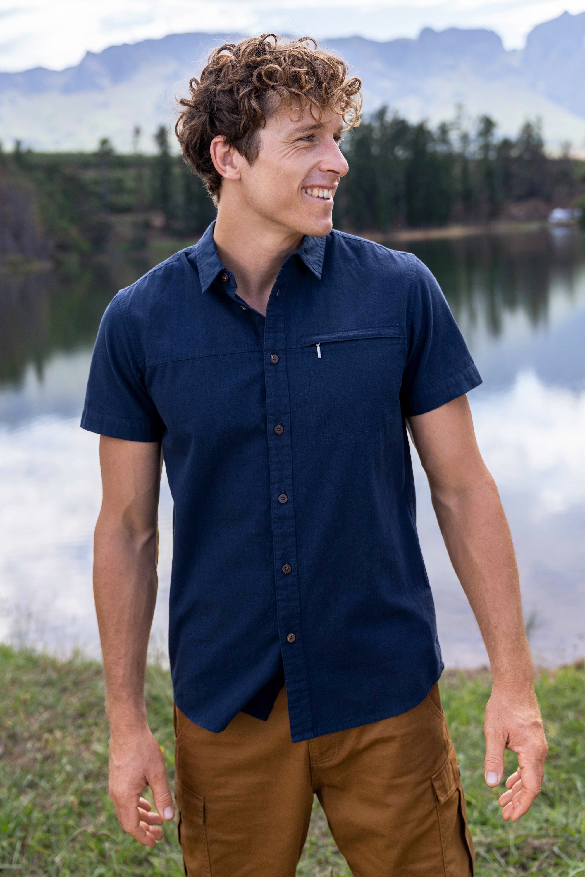 Coconut Slub Texture Mens Short-Sleeved Shirt - Dark Blue
