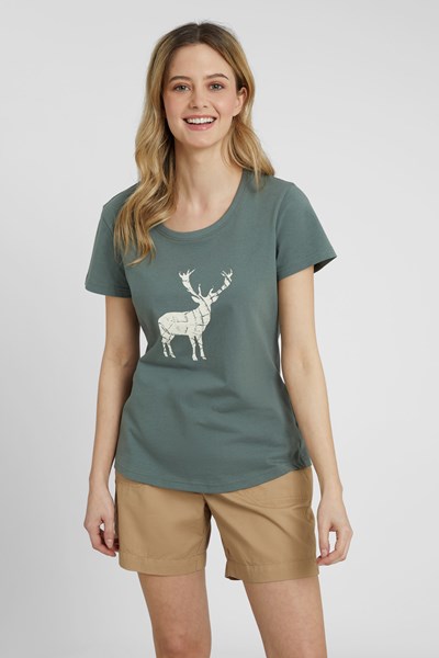 Stag Womens Organic Printed T-Shirt - Green