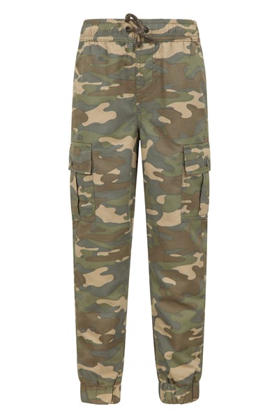 Camo Kids Stain Resistant Cargo Trousers - Long Length - Green