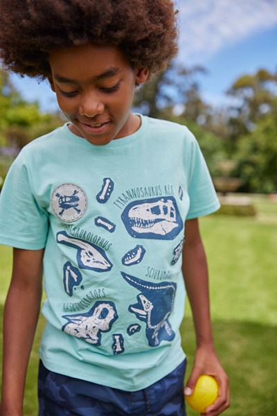 Dino Applique Kids Organic T-Shirt - Light Blue