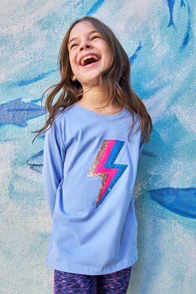Sequin Lightning Bolt Kids Organic Long Sleeve Tee - Blue