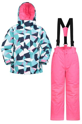 Kids Printed Ski Jacket & Pant Set Teal