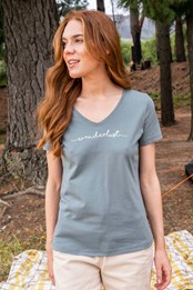 Wanderlust damska koszulka z bawełny organicznej z dekoltem w szpic Jasny Khaki