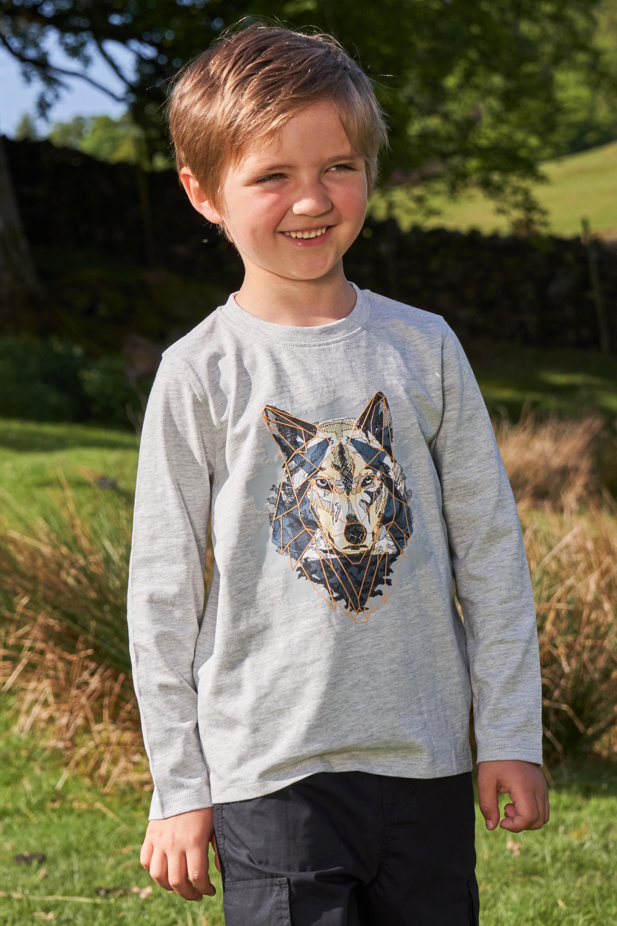 Kids Organic Wolf Printed Long Sleeve Top - Beige