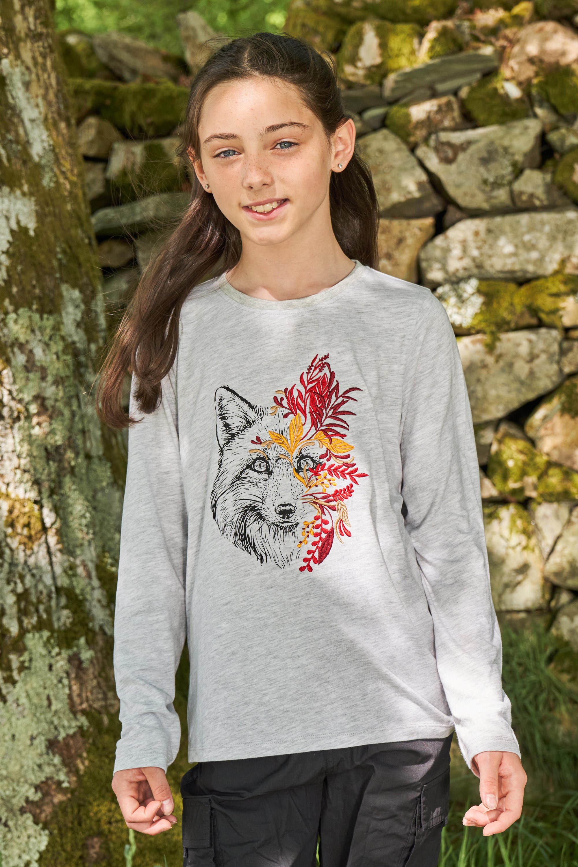 Kids Organic Fox Embroidered Long Sleeve Top - Beige