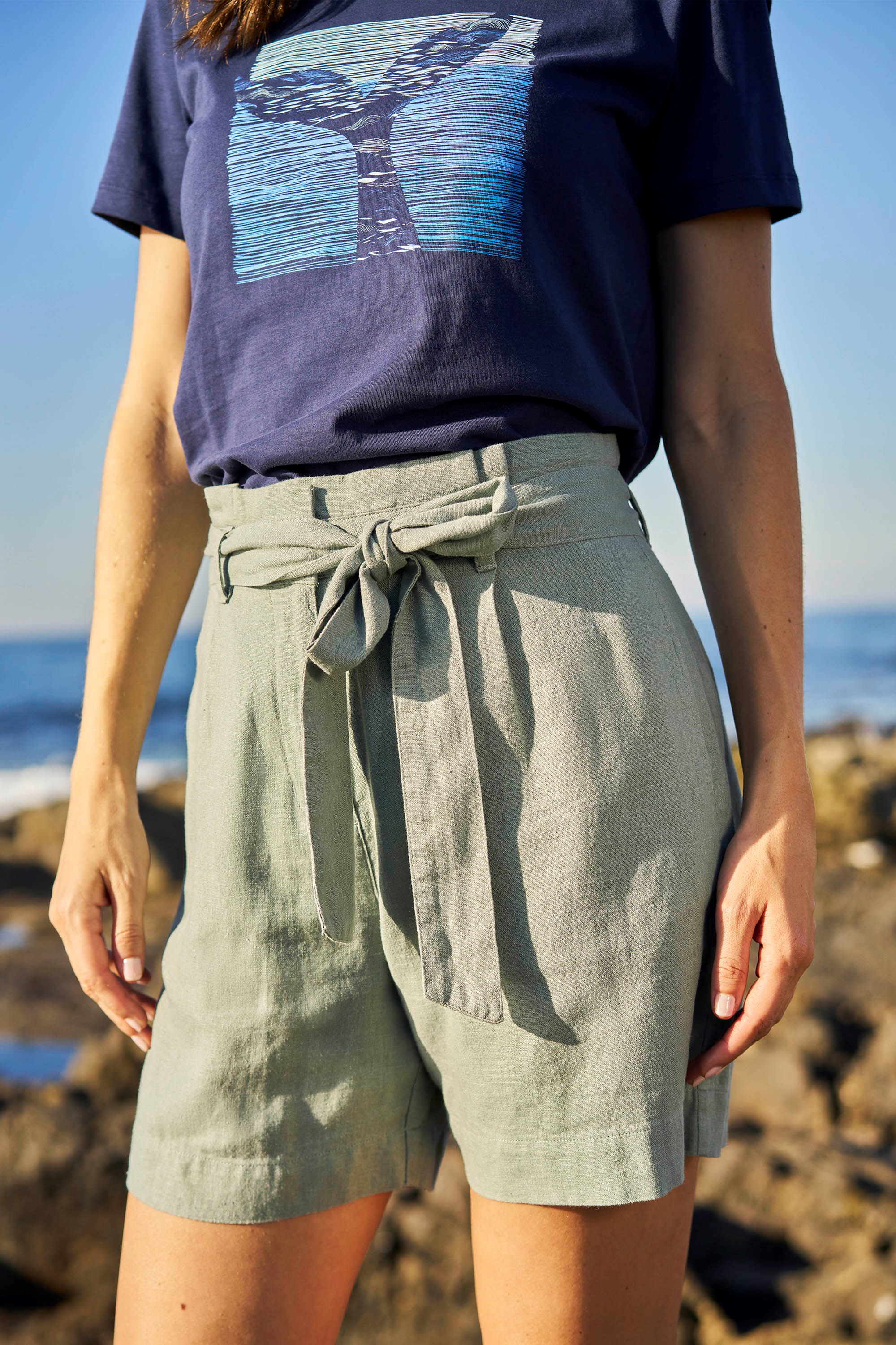 Khaki linen shorts womens best sale
