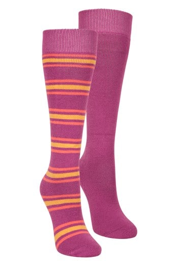 Womens Striped Knee Length Ski Socks 2-Pack Dark Pink