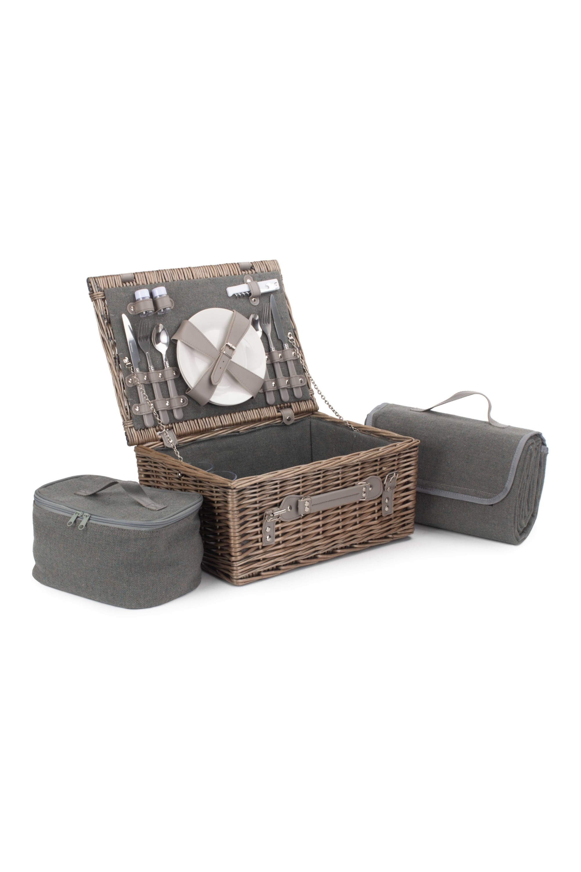 2 Person Grey Tweed Fitted Picnic Basket -