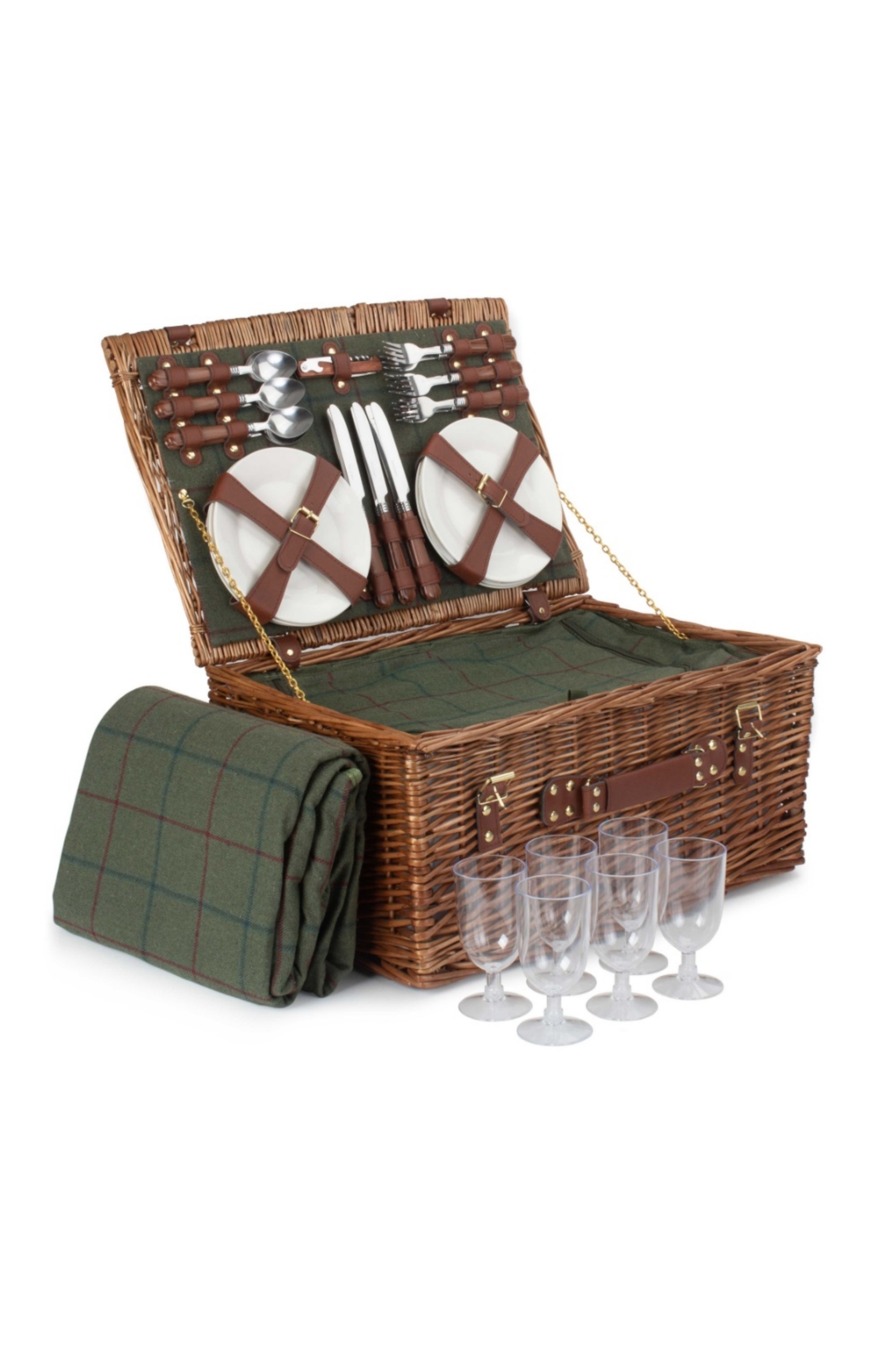Wicker 6 Person Green Tweed Classic Picnic Basket -