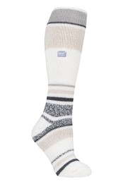Womens Knee High Thermal Ski Socks Cream Stripe