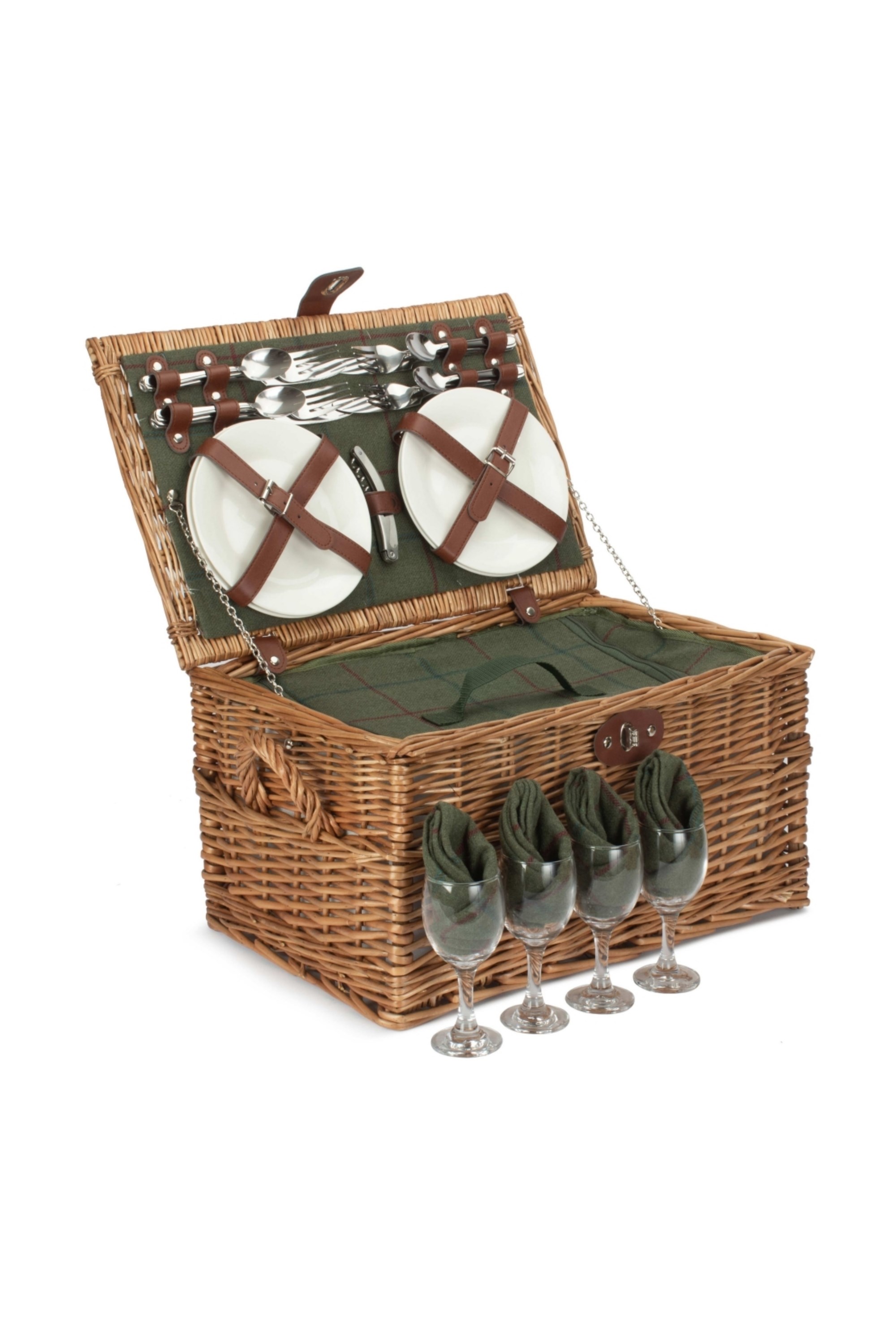Four Person Green Tweed Chest Wicker Picnic Basket -