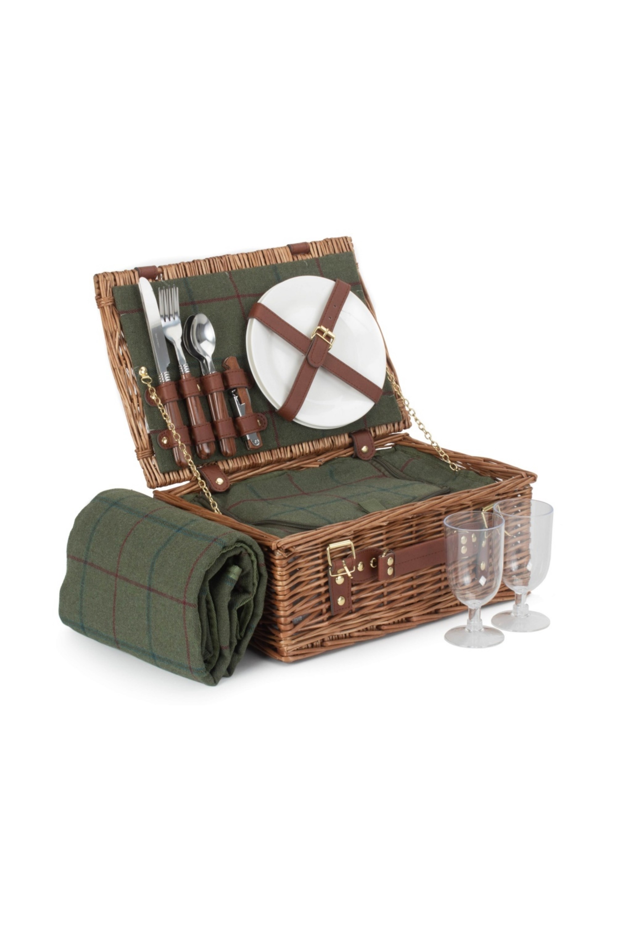 Wicker 2 Person Green Tweed Classic Picnic Basket -