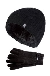 Womens Thermal Winter Hat and Gloves Set Black