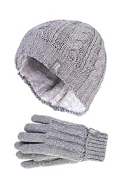 Womens Thermal Winter Hat and Gloves Set Light Grey