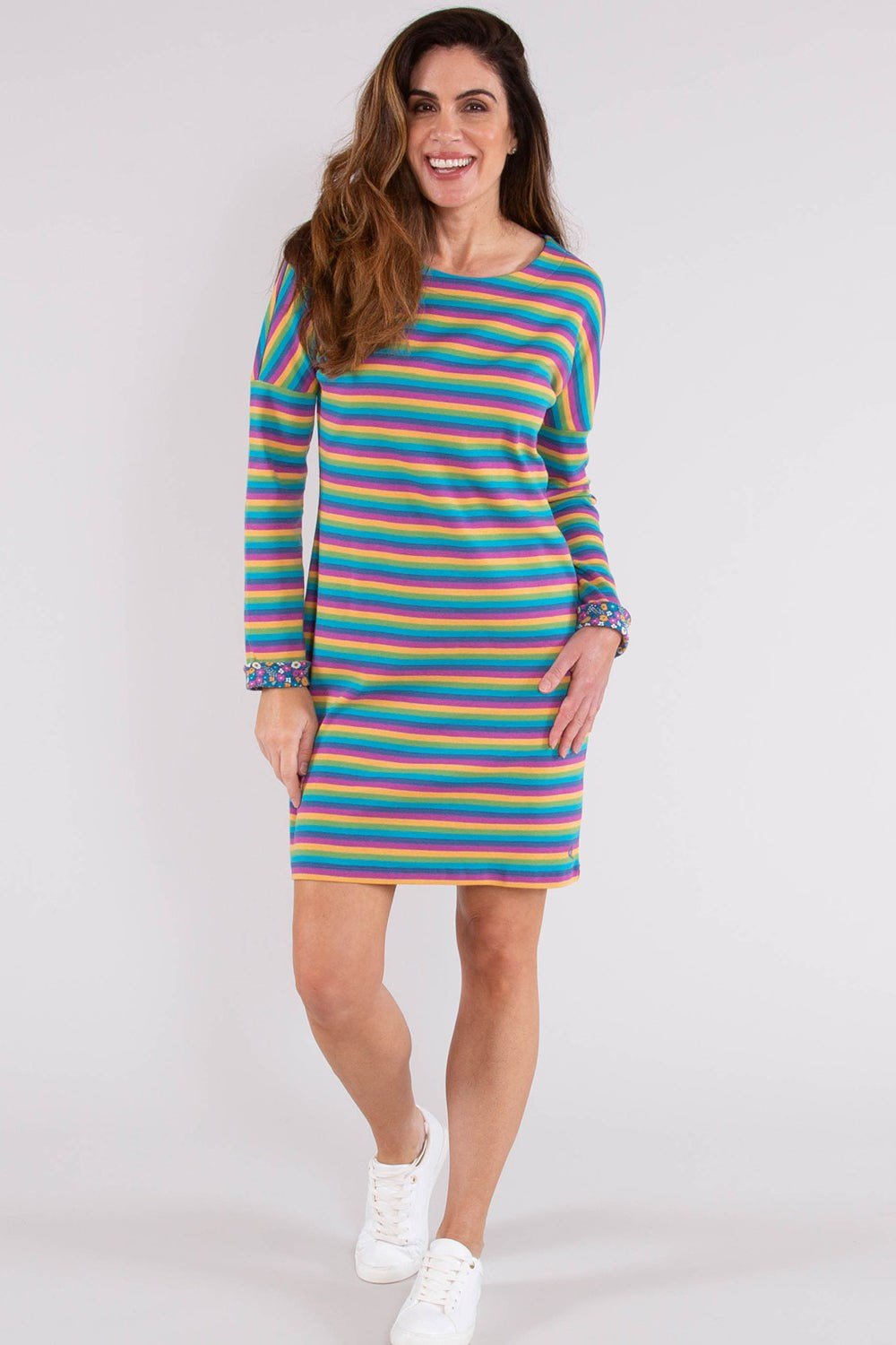 Sail to Sable Geo Stripe Long Sleeve Tunic Dress in Blue